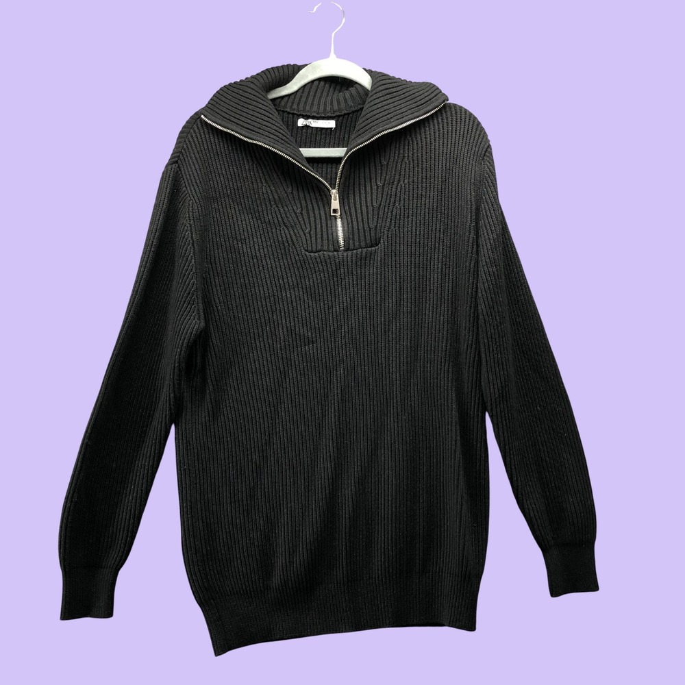 Zara Chunky Ribbed Knit Half Zip Oversized Black Sweater Mens M Pullover